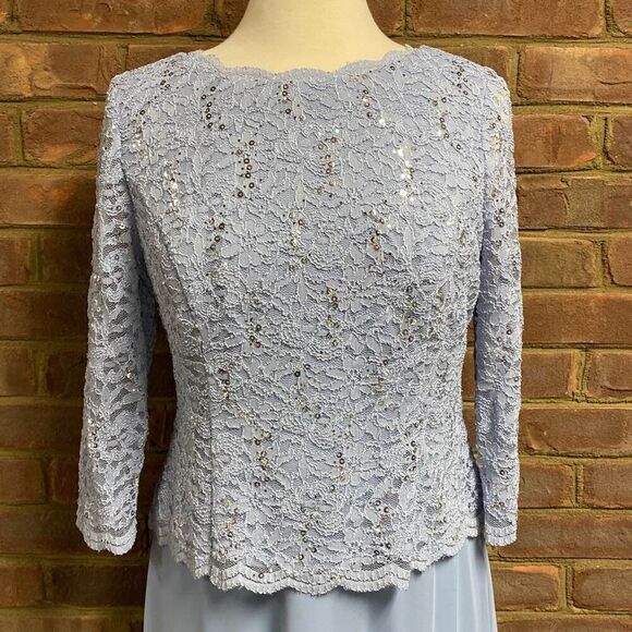 Alex Evenings 3/4 Sleeve Sequined Lace Scalloped Bodice Chiffon Skirted Gown - Picture 5 of 10